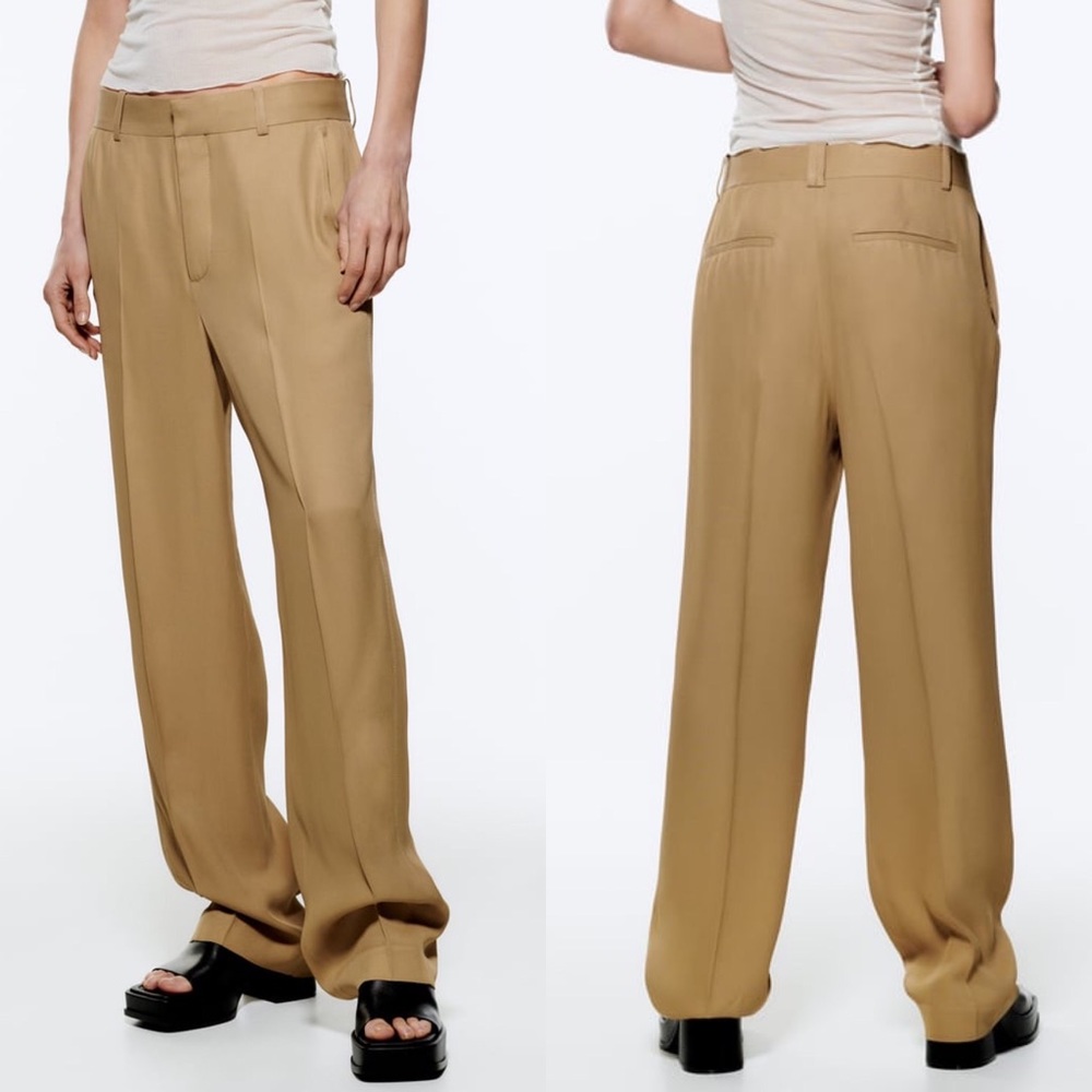 Zara FLOWY STRAIGHT LEG PANTS High-Waisted w/ Side & Back Pockets Beige XS NEW